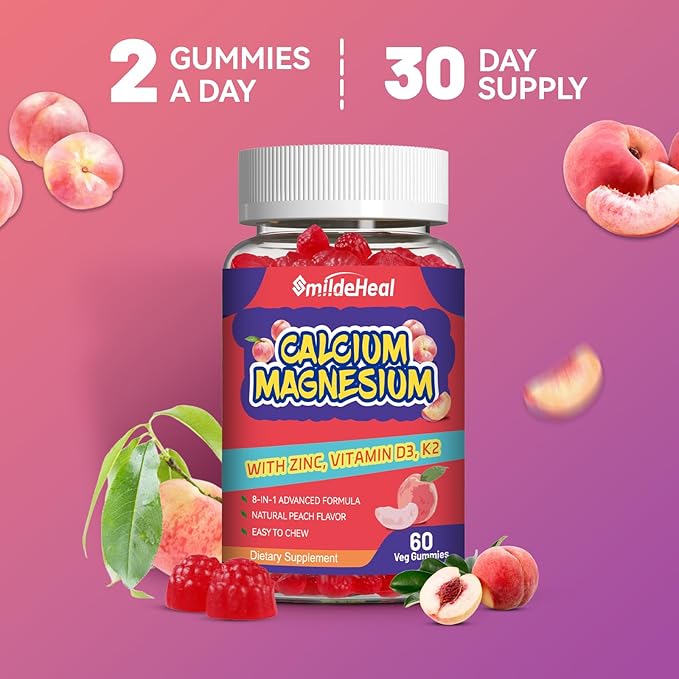 2 Pack Calcium Magnesium Gummies 600MG, Calcium Magnesium Zinc Gummies with Vitamin D3 - High Absorption Complex Calcium Supplement, Vegan, 120 Counts
