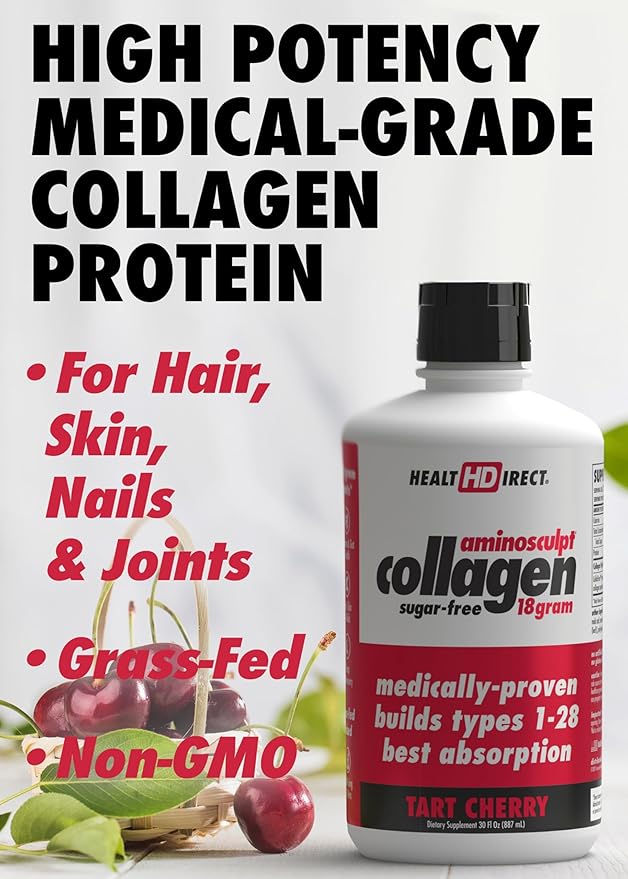 HEALTH DIRECT AminoSculpt Sugar-Free Collagen Supplement - High Potency Medical-Grade Protein for Hair, Skin, Nails & Joints, Grass-Fed, Non-GMO, Liquid Collagen - Tart Cherry - 30 Fl Oz