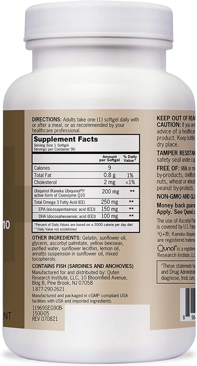 Qunol Plus Ubiquinol Coq10 200mg with Omega 3 250mg Extra Strength Antioxidant (Bovine Version), 90 Count