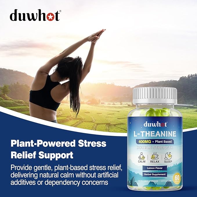 duwhot L Theanine Gummies, 200/400mg L-Theanine Supplement for Adults & Kids, Natural Stress Relief, Relaxation, Zzz & Focus Support Gummy,Organc,Vegan, Low Sugar,Non-Drowsy,Lemon Flavor,120 Chewables
