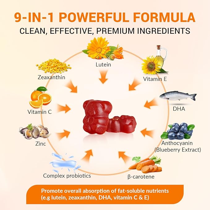 JulyDeer 2 Packs Lutein and Zeaxanthin Gummies Supplements Support Eye Health, 9 in 1 with 8mg Lutein & 1.6mg Zeaxanthin, Eye Support | Non-GMO, Vegan | Sweet Orange Flavor | 120 Gummies