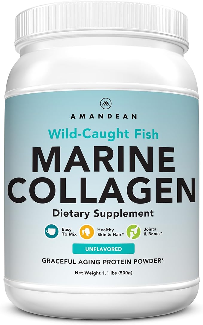 AMANDEAN Marine Collagen Peptides Powder. Double Hydrolyzed for Increased Absorption. Wild-Caught Fish Collagen Supplement. Type 1 & 3 Collagen Protein. 18 Amino Acids for Skin, Hair, Nails.
