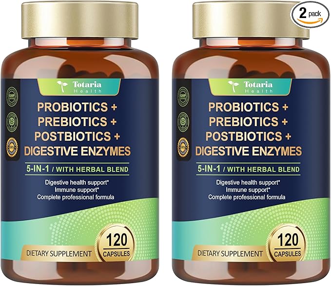 Totaria (2 Packs) 5-in-1 Probiotic Prebiotic & Postbiotic for Women Men, 60 Billion CFU 24 Strains w/Digestive Enzymes, Slippery Elm, Daily Complete Gut Health, Digestive & Immune Support