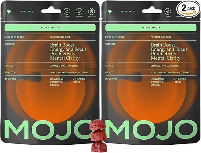 Mojo Extra Strength Focus Gummies with Lion’s Mane, Panax Ginseng, Ginger Root, Cordyceps, SAM-e, and Nootropics, Energy and Focus Supplement, Vegan, Strawberry Tangerine (2 Pack)