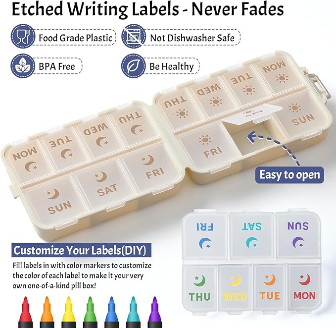 NEW Foldable & Double Protection Portable Weekly Pill Organizer 2 Times A Day with Etched Labels, AM PM 7 Day Week Medicine Box, Daily Travel Pill Case Holder Dispenser for Vitamin, Supplement - Khaki