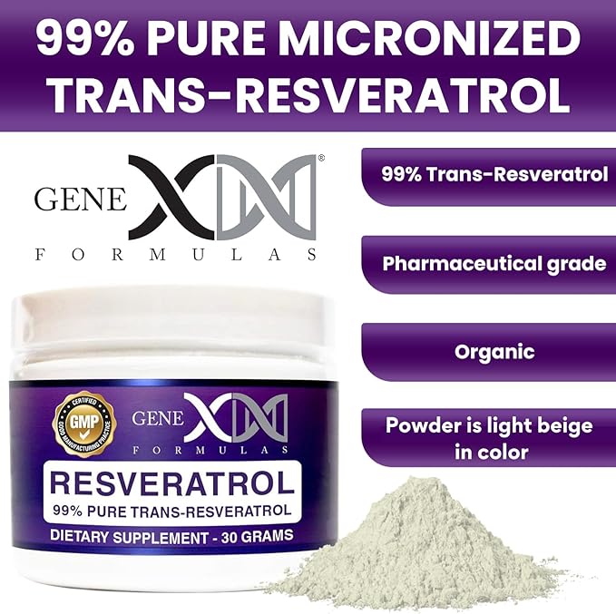 GENEX Trans Resveratrol 1000mg Powder Serving 99% Pure Micronized Pharmaceutical Grade | 30 Servings/30Grams | 1 Gram Per Day 30-Day Supply Made in a GMP & NSF Certified Facility
