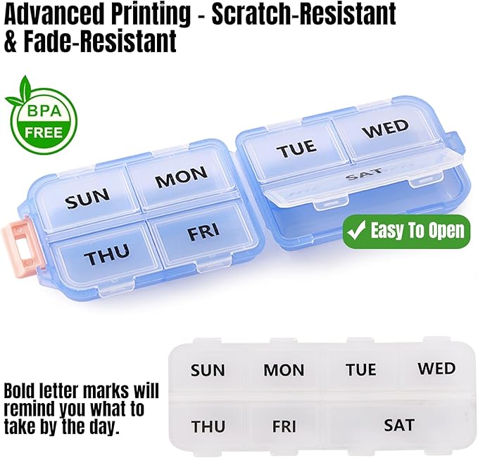 7 Day Compact Pill Organizer, Foldable Portable Travel Pill Box with Double Protection, Daily Small Pill Case Dispenser for Medication, Vitamins, Supplements (Clear Blue)