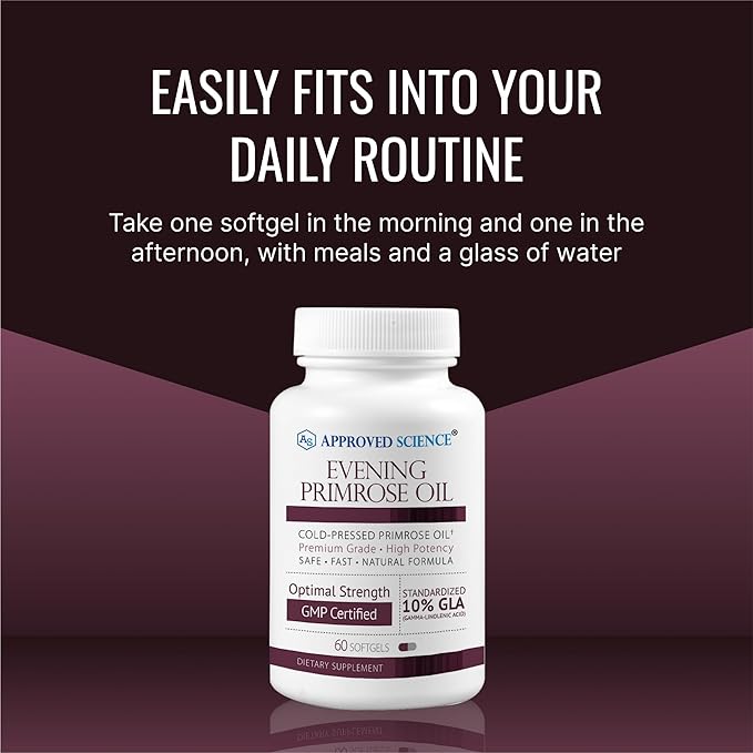 Approved Science Evening Primrose Oil - Maximum Strength - Cold Pressed - 10% GLA - Hormonal Balance, Skin and Heart Health - 3 Month Supply - All Natural