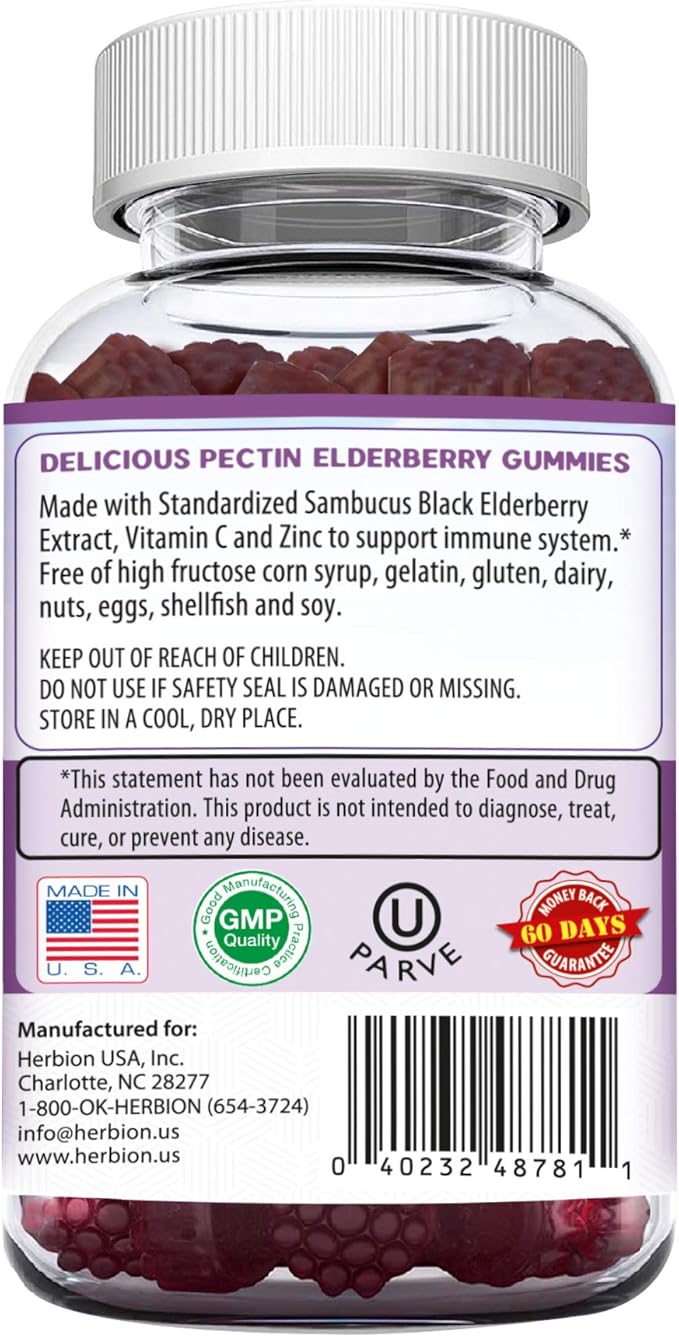 HERBION Elderberry Gummies with Vitamin C & Zinc - Healthy Immune System Support - Gluten-Free & Gelatin-Free - 60 Gummies for Adults & Children 4 Years & Above - Made in USA. (180 Count (Pack of 3)
