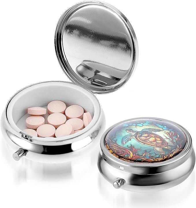 WLLHYF Pill Box Cute Small Pill Box for Purse & Pocket Medicine Organizer Travel Pillbox Waterproof Pills Cases Metal Pills Container Holder for Vitamins, Fish Oil, Supplements (Grey sea Turtle)