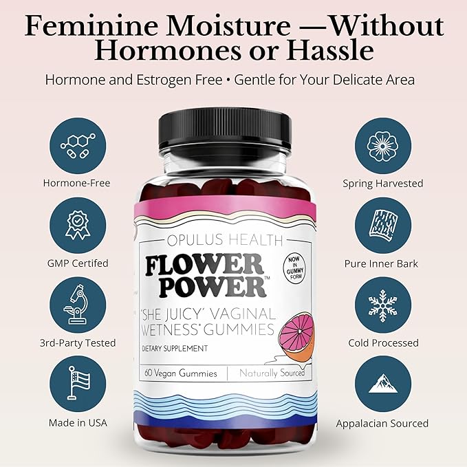 Flower Power Vaginal Moisture Support Gummies — Vaginal Dryness Supplement for Women | Powdered Slippery Elm Bark, Sugar Free, Blueberry Flavor | Supports Vaginal Wellness & Hydration | 60 Gummies