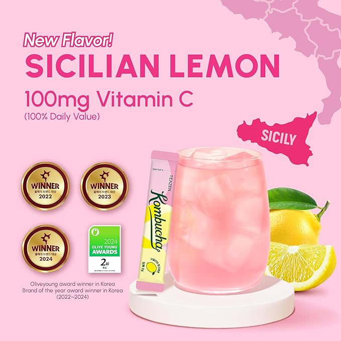 TEAZEN Sicily Pink Lemon Kombucha Powder, Hydration Drink Mix, Sugar Free, Live Probiotics & Prebiotics, On-the-Go 10 Packets, 1.76oz