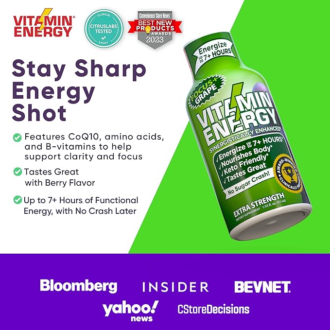 Vitamin Energy Focus+ Extra Strength Energy Shot Grape 8 Pack, 260mg Natural Caffeine, B-Vitamins, CoQ10, Amino Acids, Focus, Productivity & Clarity, Zero Sugar, Gluten-Free, 1.93 fl oz