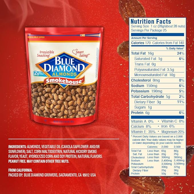Blue Diamond Almonds, Smokehouse Flavored Snack Nuts, Plant-Based Protein and Fiber Snacks, Gluten Free Iconic Flavor Salty Nuts, Great for Events, Holidays, Parties, 25 Oz Resealable Bag (Pack of 1)