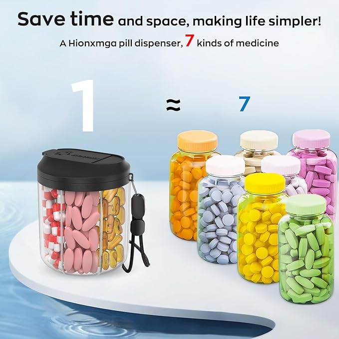 HIONXMGA Pill Bottle Organizer with 7 Large Compartments, Pill Dispenser 4.4" H x 3.6" Dia for Travel, Supplement Organizer with Anti-Mixing Design, BPA-Free Pill Container with 20 Pcs Labels, Black