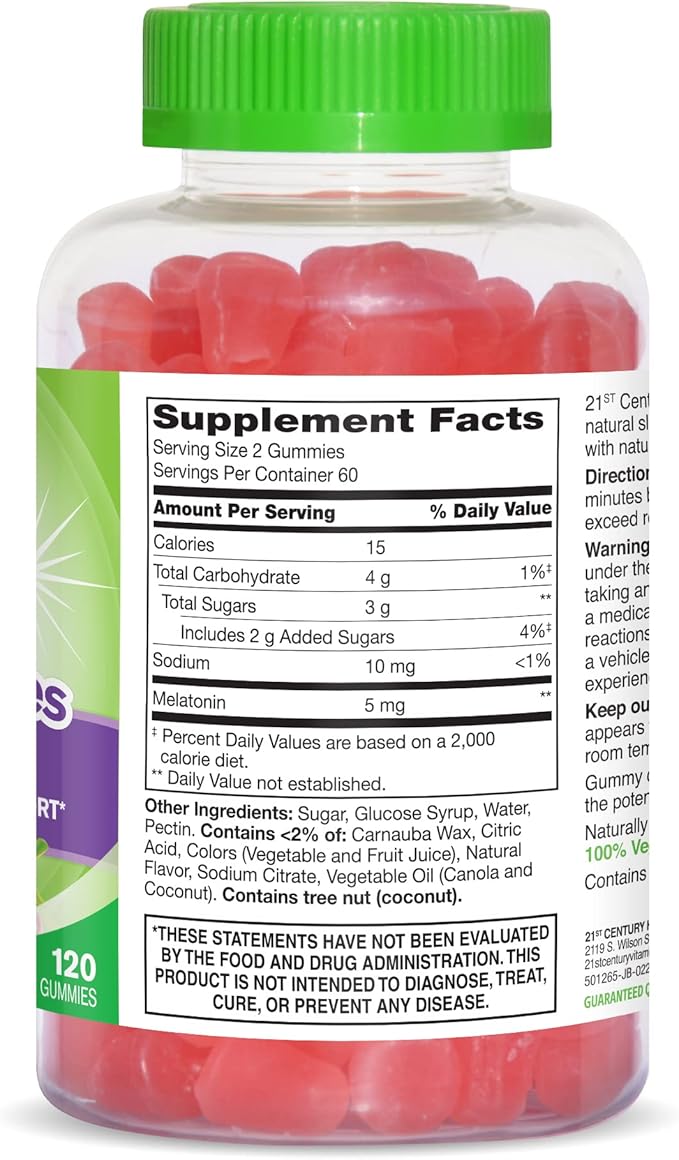 21st Century VitaJoy Melatonin 5mg Gummies (120 Count), Strawberry Flavor Chewable Sleep Aid for Adults, Promotes Relaxation and Restful Sleep, Non-Habit Forming, Gluten-Free
