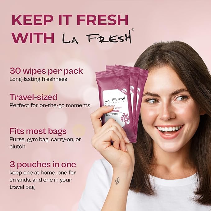 LA Fresh Feminine Hygiene Wipes with Aloe Vera Chamomile, Cucumber and Vitamin E for Refreshing - Travel Size Wipes for Women Gift Set - 3 Pack, 30 Count