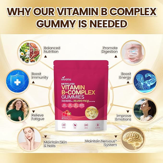 VivoNu Vitamin B Complex Gummies, 6000 mcg Methylated Vitamin B12, with B6 B1, B2, B3, B5, B7, Methylfolate, Vitamins A C D E, Vegan, Non GMO, Methylated B Complex Vitamin (2 Bag)