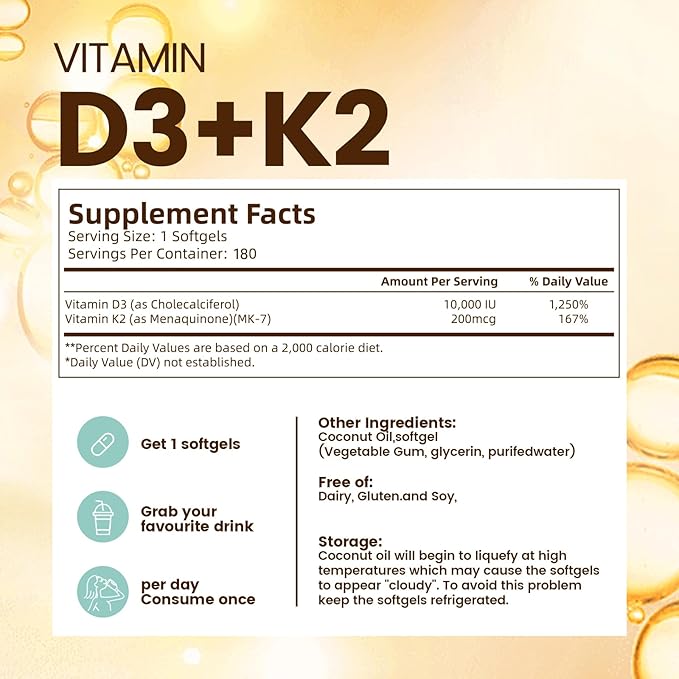 VivoNu Vitamin D3 K2 10000 IU with MK7-300 Virgin Coconut Oil Softgels, 2 in 1 Vitamins D & K Complex | Vitamina D3 con K2 ((180 capsules/1Bag))