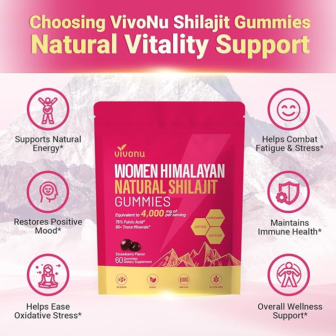 VivoNu Shilajit for Women, Contains Tongkat Ali, Ashwagandha*, Ginger, Saffron for hormonal* Balance & Energy | Tasty Shilajit Strawberry Flavor with Pure Himalayans Shilajitns