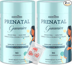 Prenatal Gummies Sugar Free 180 Count - Organics Prenatal Vitamins for Women with Folate, DHA & Probiotics - Iron Free Prenatal Vitamin Gummies for Immune & Digestive - 2 Bottles