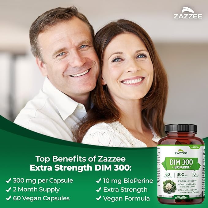 Zazzee DIM 300 mg Per Capsule, 60 Count, Plus 10 mg BioPerine, Estrogen Balance, Hormonal Acne, Menopause Support, Hormonal Balance, Diindolylmethane, Vegan, All-Natural, Non-GMO, Made in The USA