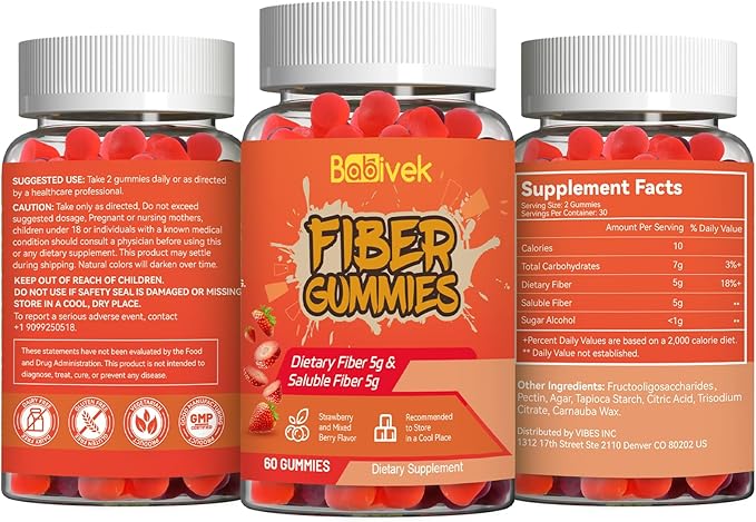 Fiber Gummies for Women and Men – Dietary Fiber, Gut Health Support, Vegan, Non-GMO, Non-Gluten, Mixed Berry & Strawberry Flavors, 60 Count(Pack of 2)