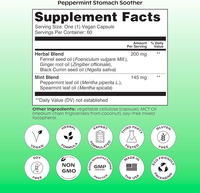 wholier Peppermint Oil, Ginger Root Oil for Bloating Relief, Nausea Relief, Upset Stomach Relief + Gut Health. Daily Herbal Supplement. Peppermint Stomach Soother. (60 Vegan Capsules) Glass Bottle