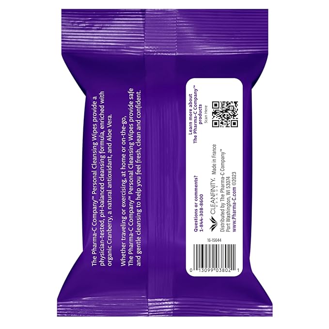 The Pharma-C Company Personal Cleansing Wipes [20 wipes] - Enriched with Cranberry & Aloe Vera. Feminine Intimate Hygiene Wipe. 99% Natural Origin.