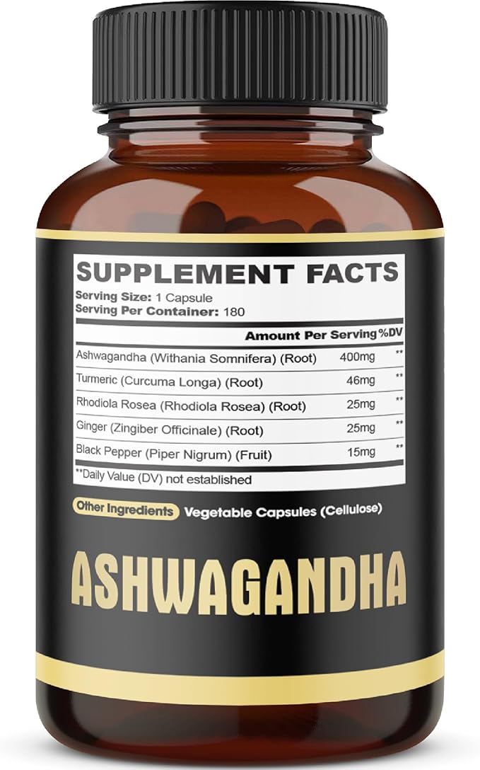 5in1 Premium Ashwagandha Capsules - Added Turmeric, Rhodiola Rosea, Ginger, Black Pepper - 180 Caps for 6 Months