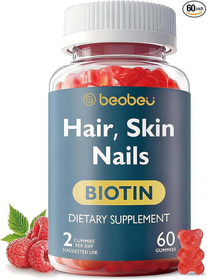 Hair Skin and Nails Biotin Gummies, Supports Hair Growth, Healthy Skin & Stronger Nails, Vegan Hair Vitamins for Women & Men, 30 Day Supply, Raspberry, 60 Count