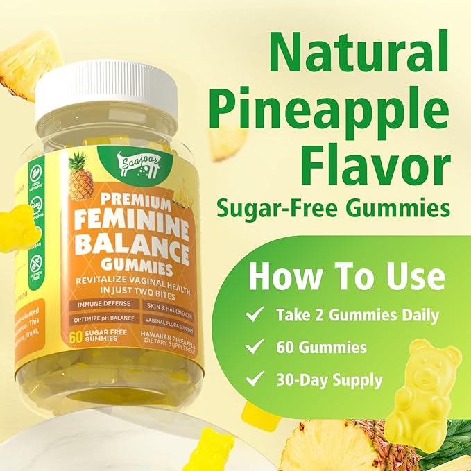 Premium Feminine Balance Gummies for Women's Immune Health, Hawaiian Pineapple Gummies Support pH Balance & Immune Support, Vegan, Gluten-Free, 120 Count ﻿