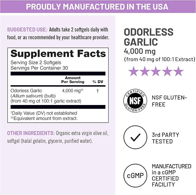 NatureWise Odorless Garlic Supplement 4000mg - Ultra Potent 100:1 Extract - Healthy Cholesterol Formula, Heart Health Support - Non-GMO, Gluten Free, with Halal Gelatin - 60 Count[30-Day Supply]