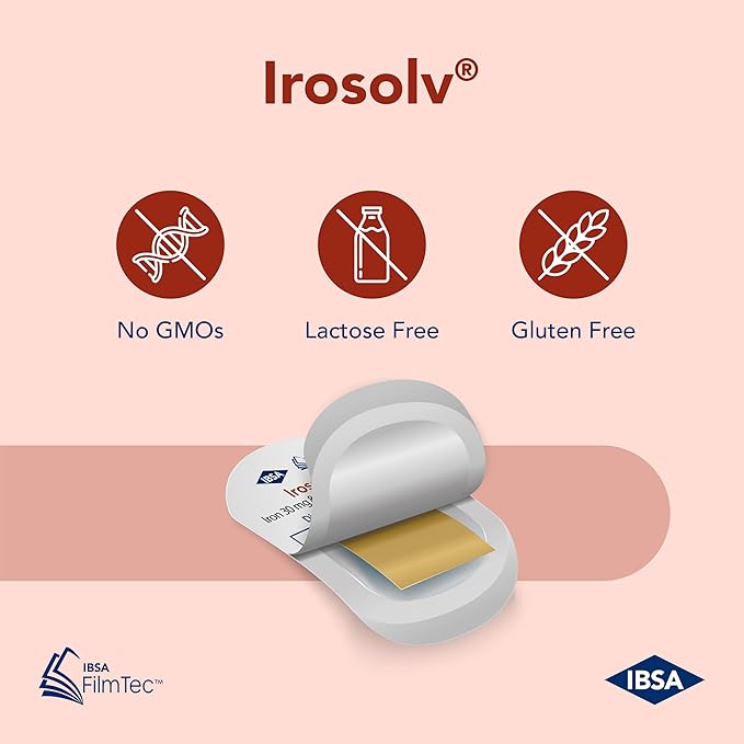 Irosolv – IBSA Iron - Dietary Supplement – 30 mg Iron 400 mcg Folic Acid-30 Oral Dissolving Films for Immediate Release and Tolerability - Gluten-Free, Lactose-Free, Sugar-Free, Non-GMO
