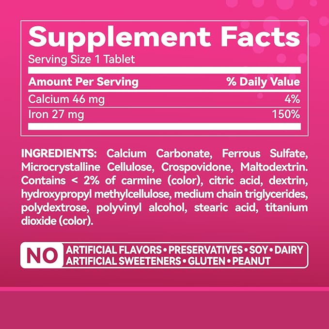 Iron Supplement, Iron 27mg Iron Supplement for Women, 100 Tablets, 100 Day Supply, Daily for Adults, Red Blood Cell Support, Gentle on Stomach