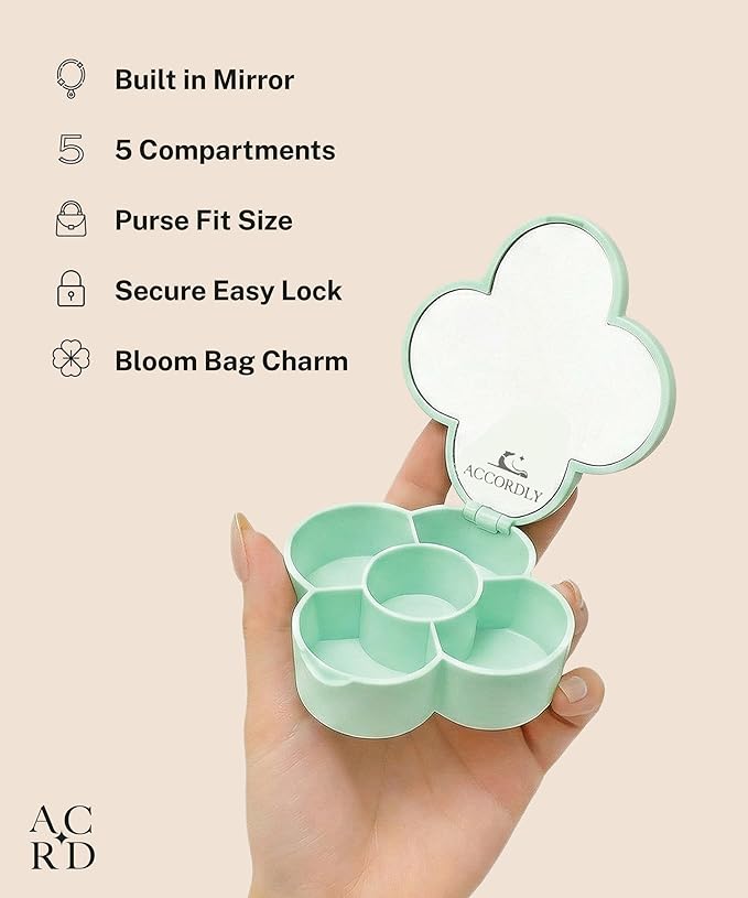NobleCase Bloom Charm Travel Pill Organizer, 5 Compartments with Mirror, Easy-Open Lock, Cute Compact Pill Box for Purse, BPA-Free Vitamin Case and Small Jewelry Storage, Sage Green