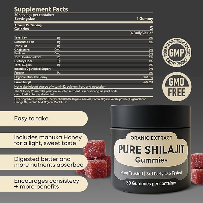 Shilajit Gummies–Himalayan Source 9000mg, Energy & Immune Support for Men & Women, Fulvic Acid + 85 Trace Minerals, Manuka Honey Flavor, Organic, Non-GMO, 30 Vegan Gummies