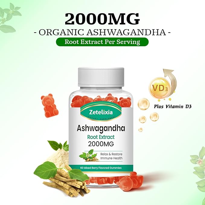 Ashwagandha Gummies, Extra Strength Vitamin D3, Organic Ashwa Root Extract Supplement for Calm Mood Relaxation & Immune Support, Mixed Berry Vegan Sugar Free Chews 60 Count