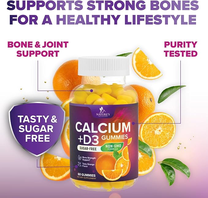 Calcium Supplement Gummies - Sugar Free Calcium Gummy with Vitamin D3 for Best Absorption - Supports Immune Health, Bones & Teeth - Nature's Calcium Chews for Women & Men - Orange Flavor - 60 Gummies