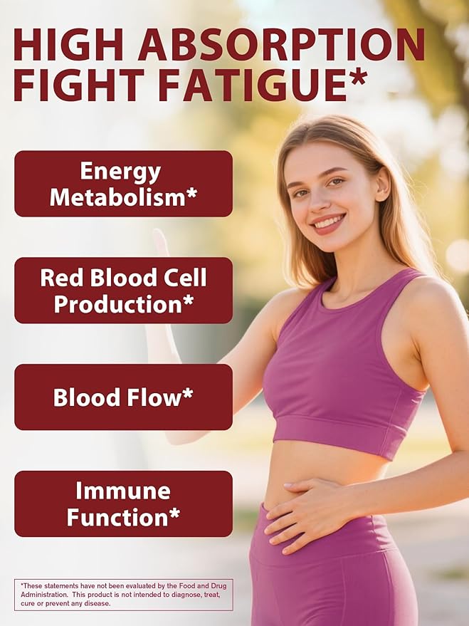Iron Supplement for Women & Men, 65mg Ferrous Bisglycinate Chelate, Slow Release Iron with Vitamins A C E B6, B12, Folate, Organic Spinach & Beet Root Powder, for Blood Flow & Energy Support, 90 Caps