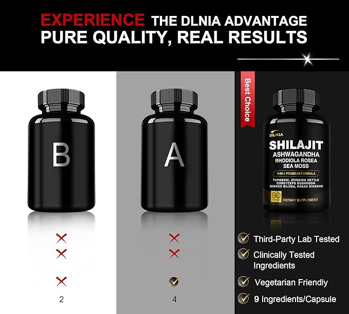 DLNIA Shilajit 9-in-1 Capsules – Organic Himalayan Complex with Ashwagandha, Sea Moss, Turmeric & More – Vegan, Lab-Tested, Immune & Energy Support for Men & Women – 90 Capsules