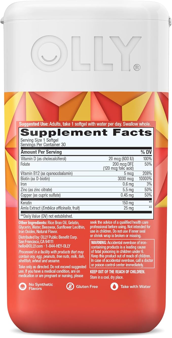 OLLY Ultra Strength Hair Softgels,Supports Hair Health,Biotin,Keratin,Vitamin D,B12,Hair-Supplement,30 Day Supply - (Packaging May Vary),30 Count (Pack of 2)