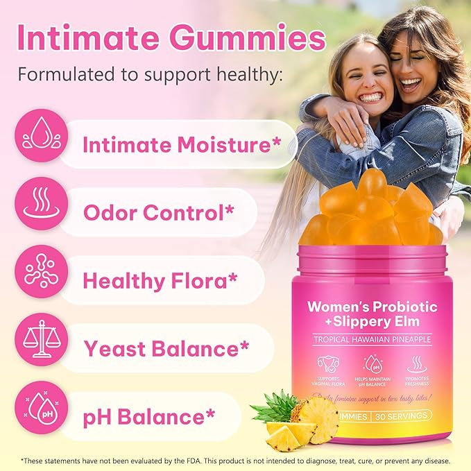 Probiotics for Women Gummies with Slippery Elm Feminine Balance Gummies for Women Vaginal Probiotics with Prebiotics & Lactobacillus Probiotic Blend Vaginal Odor & Vaginal Flora 60Gummy