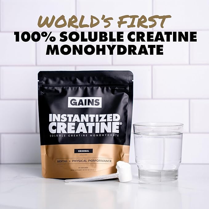Gains in Bulk Instantized Creatine Monohydrate for Men & Women, Soluble Pre Workout Powder, Supports Muscle Building, Strength and Performance, Bodybuilding Supplements, Unflavored, 100 Servings