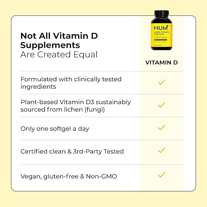 HUM Here Comes The Sun Immune Support Supplement with Vitamin D Supplements for Women and Men for a Healthy Immune System, D3 Vitamin Supports Bone Health, 30 Capsules