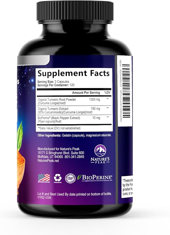 Turmeric Curcumin Supplement - 1350mg Organic Turmeric Per Serving - 95% Curcuminoids & BioPerine Black Pepper Extract for Best Absorption - Natural Vegan Joint Support, Bottled in USA - 360 Capsules