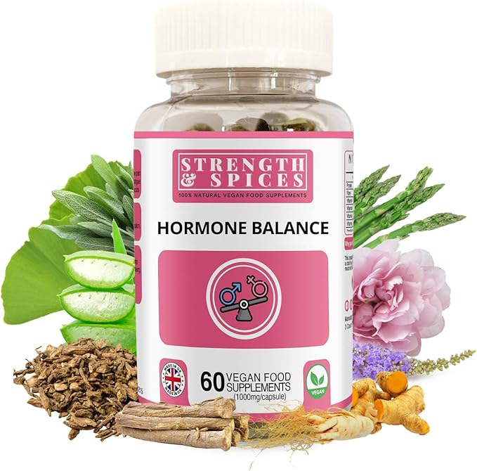 Strength & Spices Hormone Balance 100% Natural Estrogen Supplement – 12 Ingredients w Dong Quai - 60 Vegan UK Made 1000mg Capsules – Fertility and Menstrual Comfort