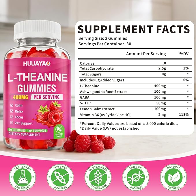 L-Theanine Gummies 400mg, L-Theanine Supplement for Kids & Adults with Ashwagandha, GABA, 5HTP for Calm, Zzz & Relaxation Support, Raspberry Flavor, 60 Counts