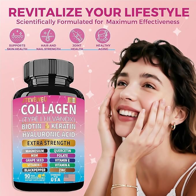 Collagen Supplement - Type I, II, III, V and X - with Biotin, Keratin, Hyaluronic Acid & 13+ Extra Strength Ingredients - （180 Capsules）