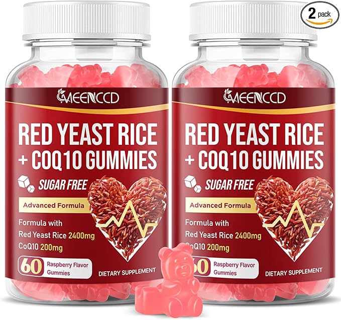 MEENCCD 2 Pack Red Yeast Rice with CoQ10 Gummies, Red Yeast Rice Supplement with Coenzyme Q10 for Overall Well-Being, Sugar Free, Vegan, Raspberry Flavor, 120 Count